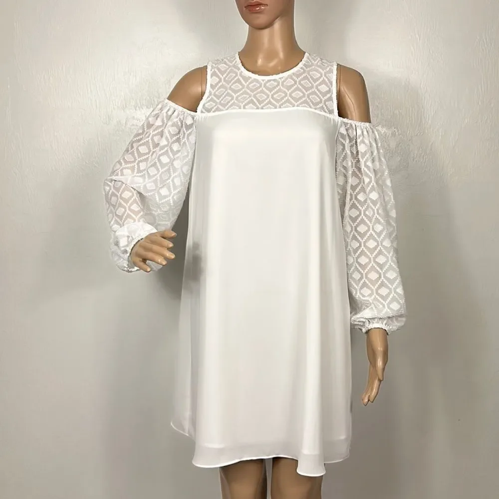 BCBGMaxAzria Cherie White Cold Shoulder Flowy Long Sleeve Dress Size XS